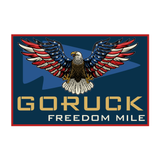 A soaring eagle with outstretched wings flies above "GORUCK FREEDOM MILE" on a blue background, celebrating America’s 250th birthday with the Freedom Mile patch.