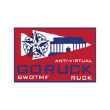Bianca virtual copy patch featuring red, white, and blue colors with a star, building silhouette, and "GORUCK ANTI-VIRTUAL GWOTMF RUCK" text. Supports the GWOT Memorial Foundation and honors Ruck for the Fallen.