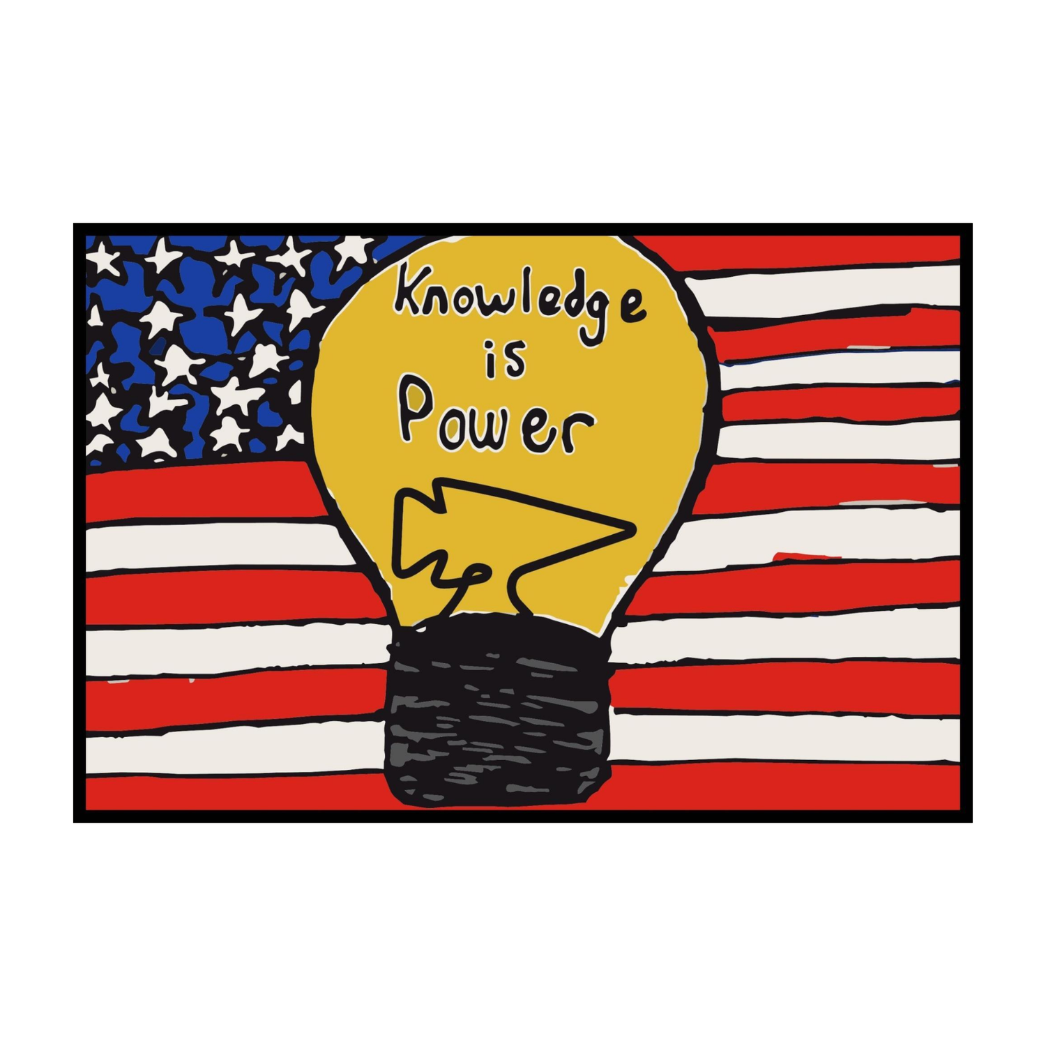 A lightbulb with the phrase “Knowledge Is Power” glows above a wavy American flag backdrop in an illustrated design, making this Knowledge Is Power patch the perfect addition to your GORUCK gear or back-to-school ensemble.