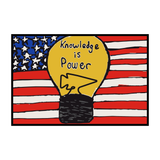 A lightbulb with the phrase “Knowledge Is Power” glows above a wavy American flag backdrop in an illustrated design, making this Knowledge Is Power patch the perfect addition to your GORUCK gear or back-to-school ensemble.