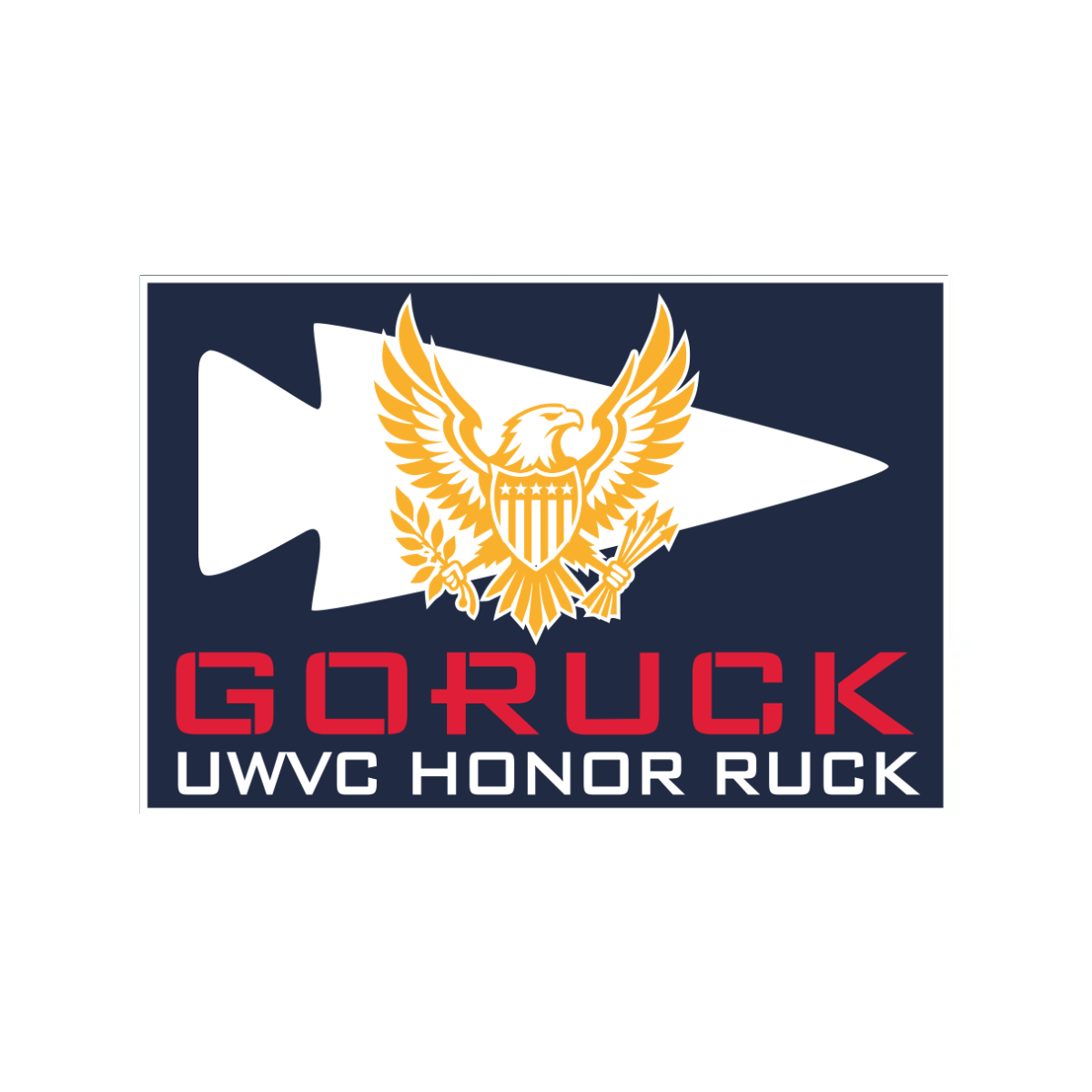 GORUCK UWVC Honor Ruck logo featuring a gold eagle over a white arrowhead silhouette on a navy background, symbolizing the NYC Veterans Day parade.