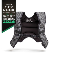 Black and white checkered GORUCK Spy Ruck weighted vest for women, featuring a buckled chest strap and a banner noting its inclusion in Time’s Best Inventions of 2026.