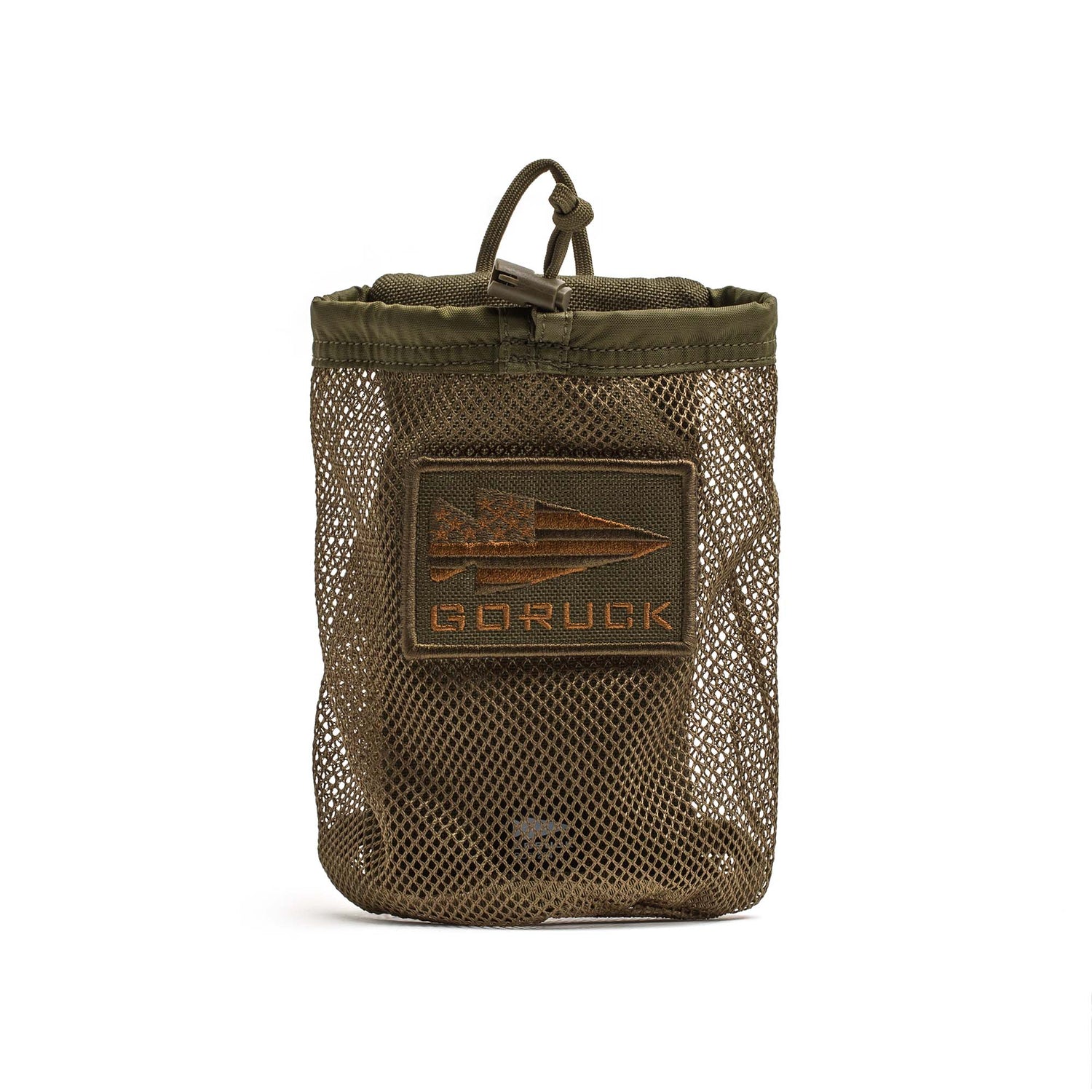 The Mesh Water Bottle Pocket is an olive green mesh bag with a GORUCK patch and drawstring closure—lightweight, stands upright, and doubles as a Nalgene bottle carrier.