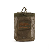 The Mesh Water Bottle Pocket is an olive green mesh bag with a GORUCK patch and drawstring closure—lightweight, stands upright, and doubles as a Nalgene bottle carrier.