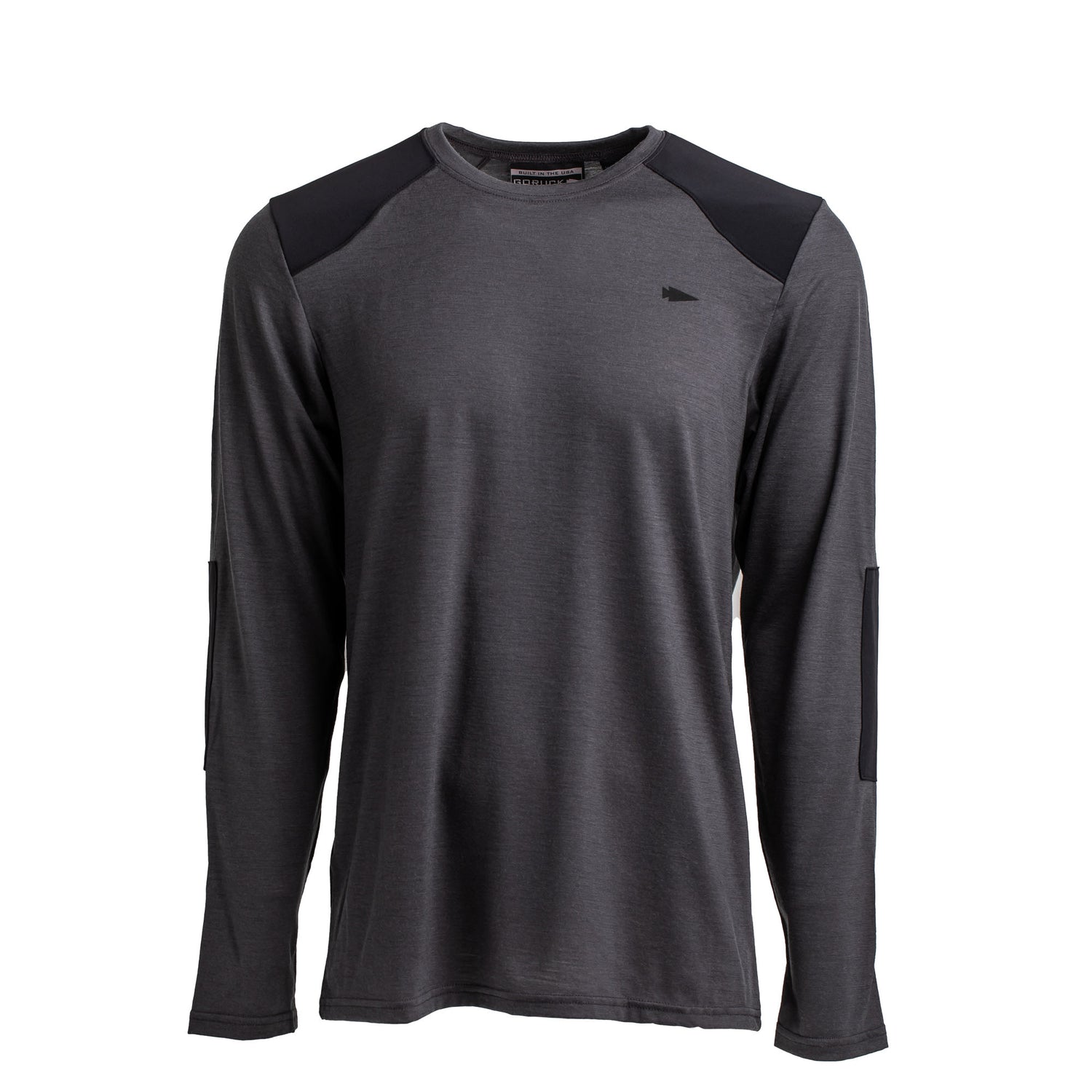 Men’s Commando Long Sleeve - Merino Wool in dark gray, features black reinforced shoulders. Shown on a plain white background.