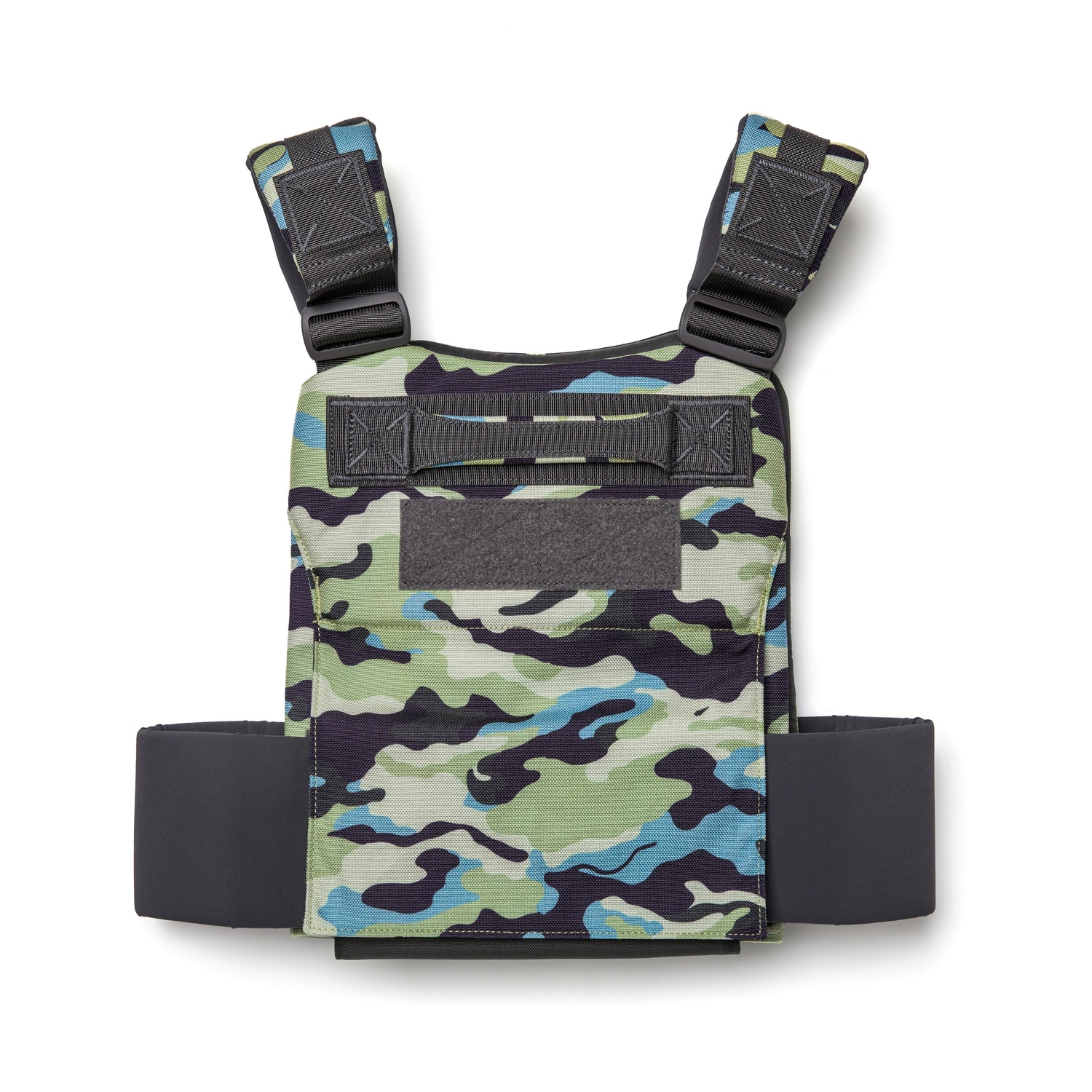 The Training Weight Vest 2.0 features a camouflage design, padded shoulder straps, black side panels, Velcro patches, and is compatible with ruck plates for adjustable resistance.