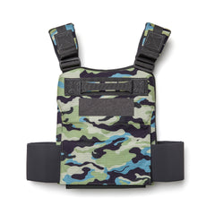 The Training Weight Vest 2.0 features a camouflage design, padded shoulder straps, black side panels, Velcro patches, and is compatible with ruck plates for adjustable resistance.