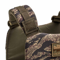 Close-up of the Training Weight Vest 2.0’s camouflage strap with detailed stitching and patch, ideal for ruck plates or as a training weight vest.