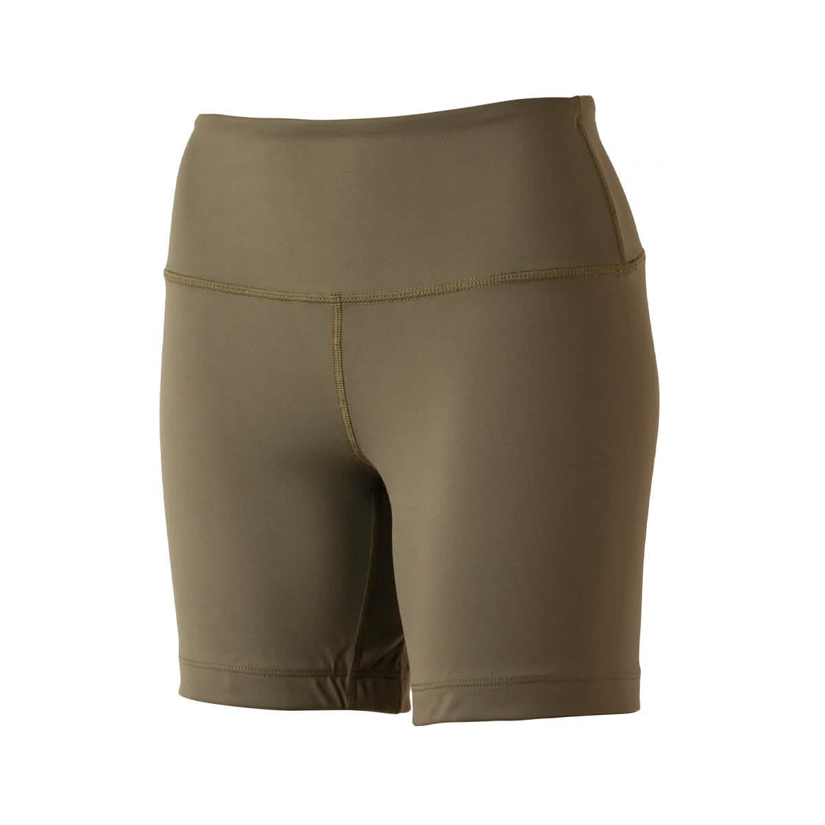 Stay-put technology adds comfort to the high waistband of our olive green Women’s Biker Shorts - ToughFlex, showcased on a plain white background.