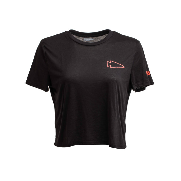 The GORUCK Women's Subtle Spearhead x CrossFit Cropped Tee is crafted from a premium poly-blend, featuring a small red arrowhead logo on the upper left chest and a red SS on the right sleeve, perfect for your workout wardrobe.