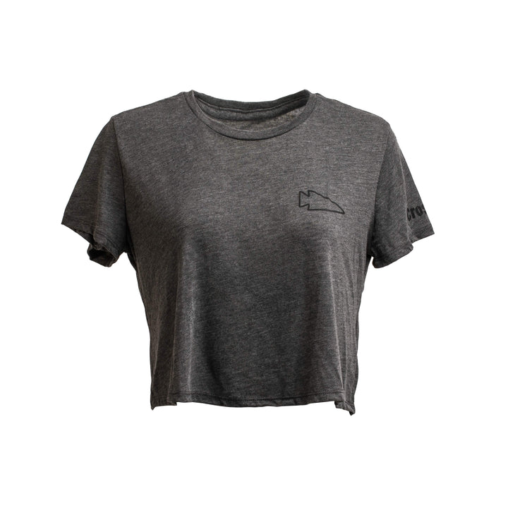 Introducing the Women's Subtle Spearhead x CrossFit Cropped Tee by GORUCK, crafted from a premium poly-blend in gray. This short-sleeve tee is perfect for your workout routine, featuring a small pizza slice graphic on the front and offering a casual, slightly wrinkled appearance.