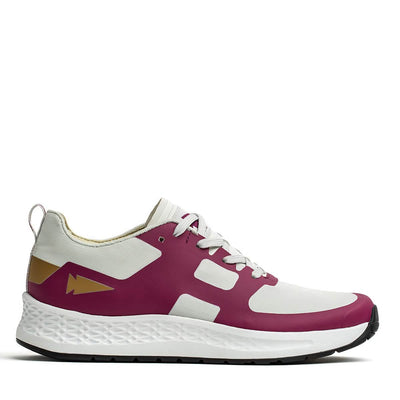 Introducing the Men's Rough Runner - Baton Rouge by GORUCK, an athletic sneaker in white and maroon featuring a thick, textured sole designed for high-gradient density terrains like the Rough Runner. This shoe includes metallic gold accents and white laces, with a geometric pattern on the side. The upper part is lightweight and breathable for optimal performance.