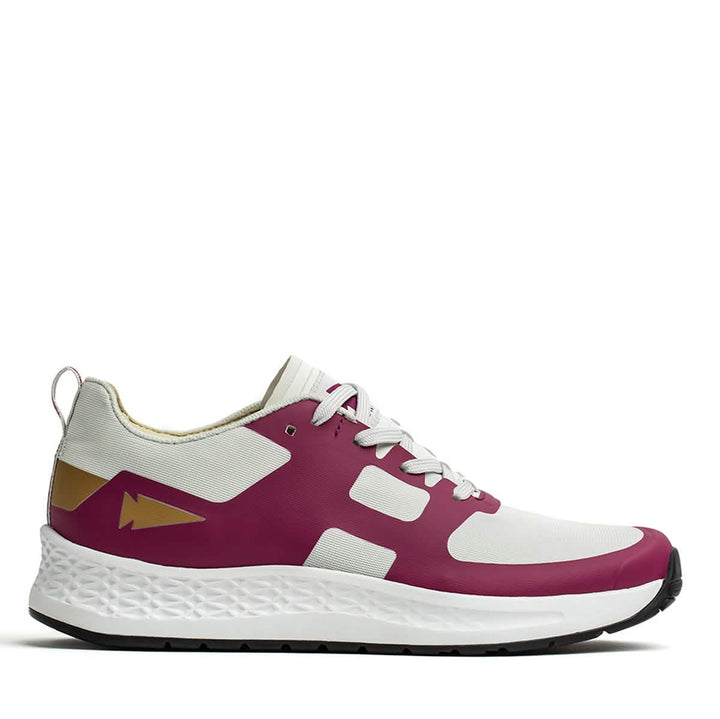 Introducing the Men's Rough Runner - Baton Rouge by GORUCK, an athletic sneaker in white and maroon featuring a thick, textured sole designed for high-gradient density terrains like the Rough Runner. This shoe includes metallic gold accents and white laces, with a geometric pattern on the side. The upper part is lightweight and breathable for optimal performance.