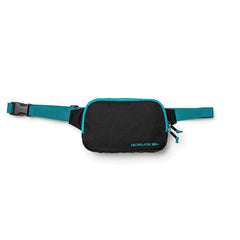 Experience convenience with the GORUCK Belt Bag, featuring a compact design in black and teal. It comes equipped with a zippered main compartment for organizing your essentials, complemented by a teal strap and black buckle. The adjustable webbing guarantees a comfortable fit, while the subtle logo on the front enhances its stylish appeal.