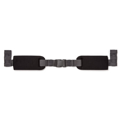 Introducing the GORUCK Padded Hip Belt: a black belt featuring adjustable straps, padded sections on each side, and a central buckle. It’s perfect for hip carrying or securing heavy loads comfortably.