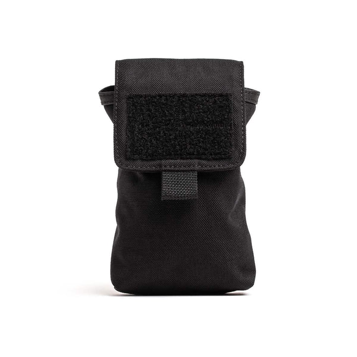 The GORUCK Simple Side Pocket, made from durable black nylon, is featured against a white background. It has a compact design with a flap secured by VELCRO and includes internal organization features, making it ideal for carrying small items.