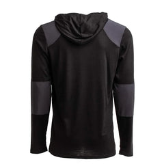 GORUCK black hoodie with reinforced shoulder and elbow patches, back view