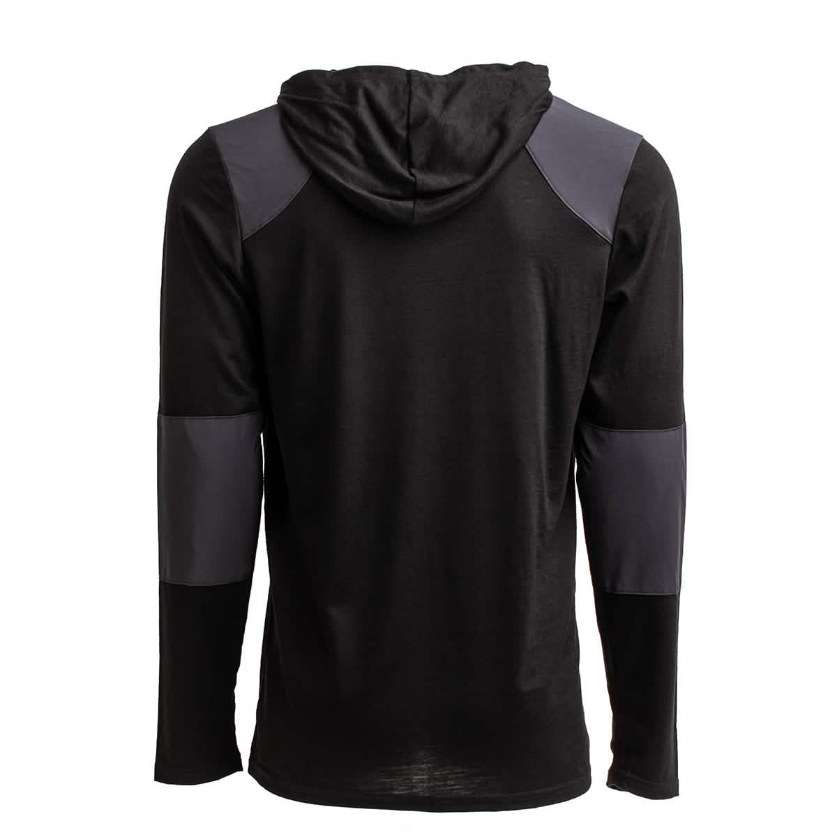The Men’s Commando Pullover - Merino Wool by GORUCK is showcased from the back against a plain white background. It features dark gray patches, giving it a style similar to a British Commando Sweater, on the shoulders and elbows. This pullover comes in black and has long sleeves.