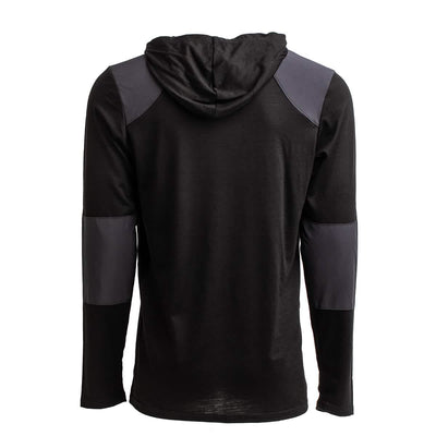The Men’s Commando Pullover - Merino Wool by GORUCK is showcased from the back against a plain white background. It features dark gray patches, giving it a style similar to a British Commando Sweater, on the shoulders and elbows. This pullover comes in black and has long sleeves.