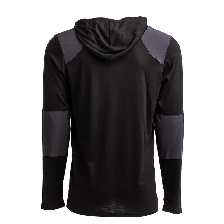 The Men’s Commando Pullover - Merino Wool by GORUCK is showcased from the back against a plain white background. It features dark gray patches, giving it a style similar to a British Commando Sweater, on the shoulders and elbows. This pullover comes in black and has long sleeves.