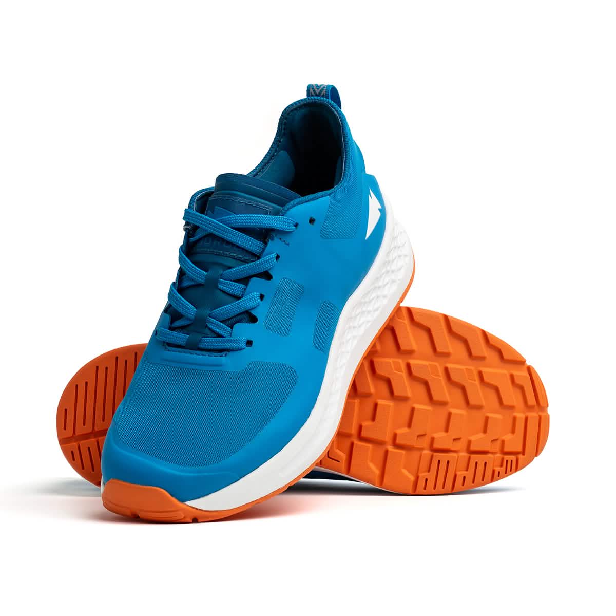 A pair of GORUCK's Men's Rough Runner shoes in Electric Blue, featuring blue uppers, orange outsoles, and white Gradient Density EVA midsoles. One shoe stands upright while the other leans against it, highlighting the distinctive Rough Runner tread pattern on the sole.