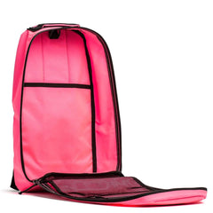 Open bright pink GORUCK rucking backpack showing spacious interior with black trim and mesh pocket