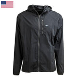 GORUCK black windbreaker jacket with hood and chest pocket, US flag in corner