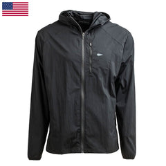 The Indestructible Challenge Windbreaker is a black, lightweight, hooded zip-up with a small arrow logo on the chest, shown against a white background.