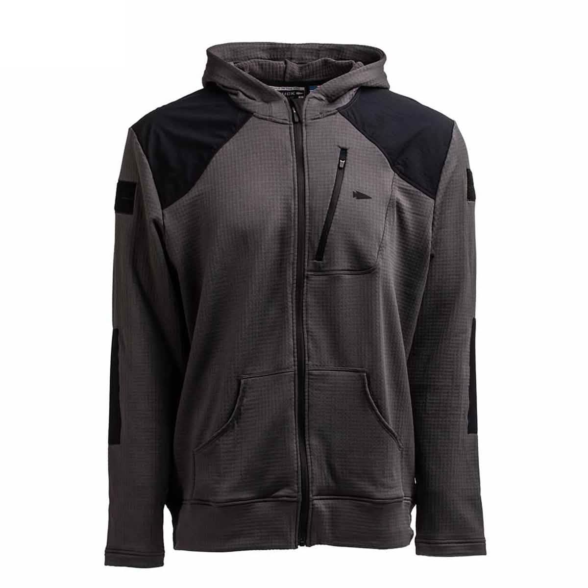The Men’s Full Zip - Polartec Grid Fleece by GORUCK is a comfortable and stylish choice for cooler days. This gray hooded jacket features black patches on the shoulders and sleeves, a front zipper, two pockets, and a small black logo on the left chest.