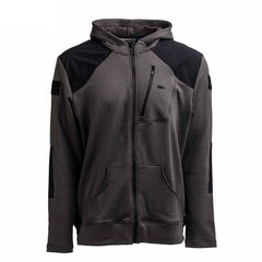 The Men’s Full Zip - Polartec Grid Fleece by GORUCK is a comfortable and stylish choice for cooler days. This gray hooded jacket features black patches on the shoulders and sleeves, a front zipper, two pockets, and a small black logo on the left chest.