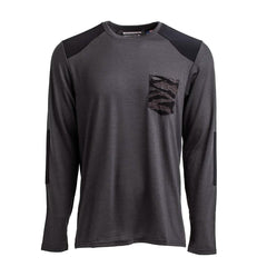 GORUCK charcoal long-sleeve performance shirt with black camo pocket and shoulder accents