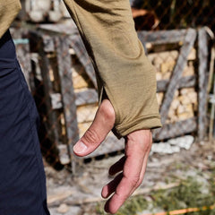 GORUCK tan long sleeve shirt thumbhole detail outdoors, rugged rucking gear