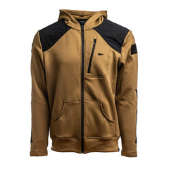 Introducing the GORUCK Men’s Full Zip - Polartec Grid Fleece: a stylish brown zip-up hoodie enhanced with black accents on the shoulders and elbows. This cozy piece features a distinctive Polartec Power Grid texture, a handy front pocket, a subtle embroidered logo on the left chest, and a sleek black hood, seamlessly blending style with performance.