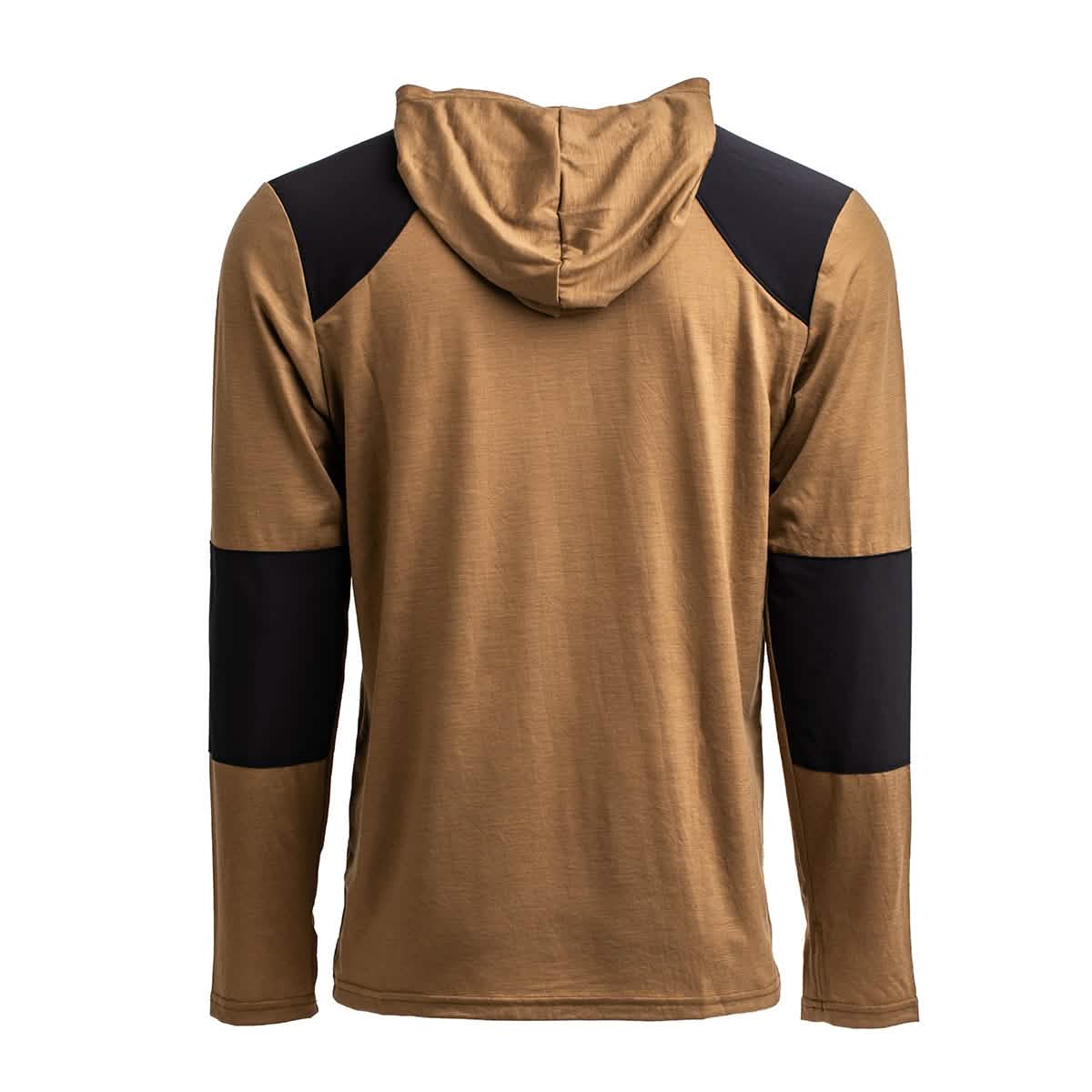 The Men's Commando Pullover by GORUCK features a brown hooded design with long sleeves and black reinforced paneling on the shoulders and elbows, inspired by the classic British Commando Sweater, as seen from the back.
