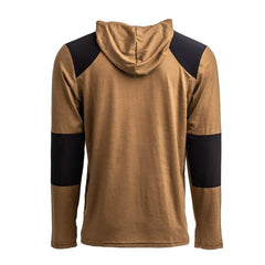 GORUCK coyote brown hoodie with black shoulder and forearm panels, rear view