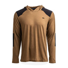 The Men’s Commando Pullover - Merino Wool is a brown long-sleeve hoodie featuring black patches on the shoulders and arms, shown on a white background.