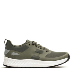 The Women's Rough Runner - Earth by GORUCK is an olive green athletic sneaker ideal for the Rough Runner, featuring a white and black sole with an EVA midsole. It includes a lace-up design, subtle side branding, and a textured gradient density midsole for enhanced comfort.