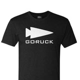 The GORUCK Spearhead Tee - Tri-BlendX is a black t-shirt with a white GORUCK spearhead symbol above bold, white "GORUCK" lettering.