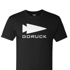 The GORUCK Spearhead Tee - Tri-BlendX is a black t-shirt with a white GORUCK spearhead symbol above bold, white "GORUCK" lettering.