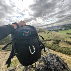 A hand holds the GR MONSTER Rucksack - PREORDER in black, featuring a dog patch, with a city and green hills visible under cloudy skies.