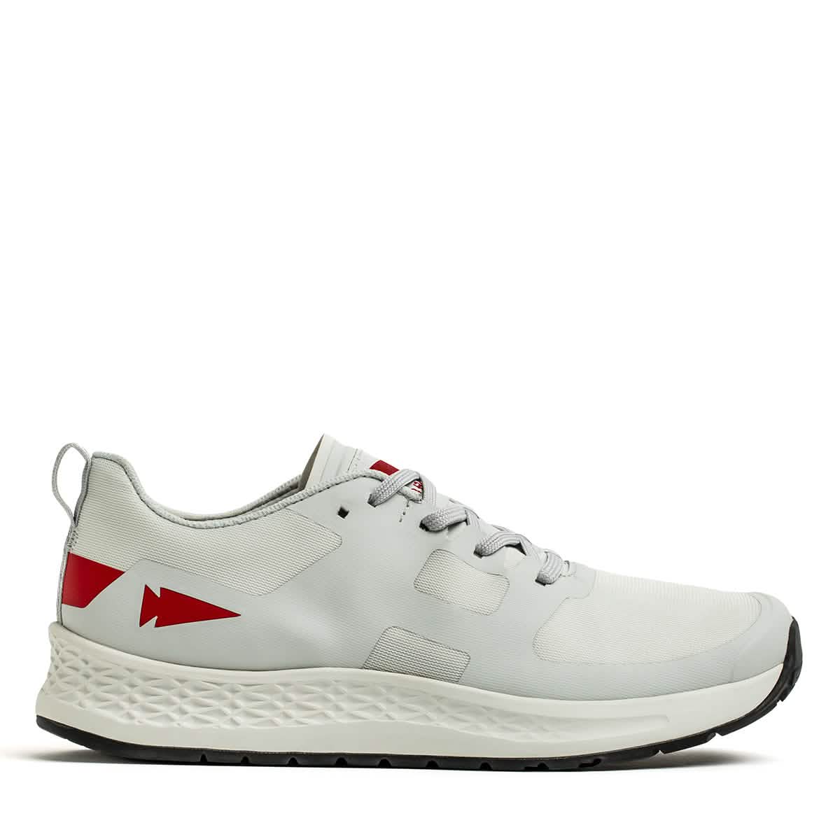 The Men's Rough Runner - Light Grey + Red is a white athletic shoe with gray laces, red arrow accents, a textured white sole, and a Gradient Density EVA midsole for lightweight running comfort.
