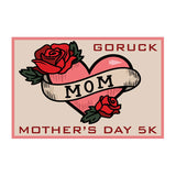 GORUCK Mother's Day 5K badge with heart, roses, and 'MOM' banner graphic.