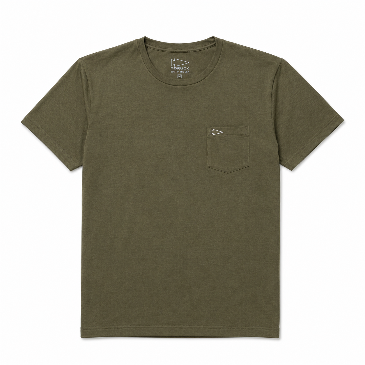 The Short Sleeve Pocket Tee - Tri-BlendX in olive green, featuring a small left chest pocket, is shown laid flat on a white background.