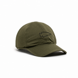Introducing the Featherweight Rucking Hat - Italian ToughMesh: a lightweight running cap in olive green, featuring a black arrowhead-shaped logo on the front. Crafted from premium Italian ToughMesh fabric, this hat offers a soft feel and superior durability. Shown here on a white background.