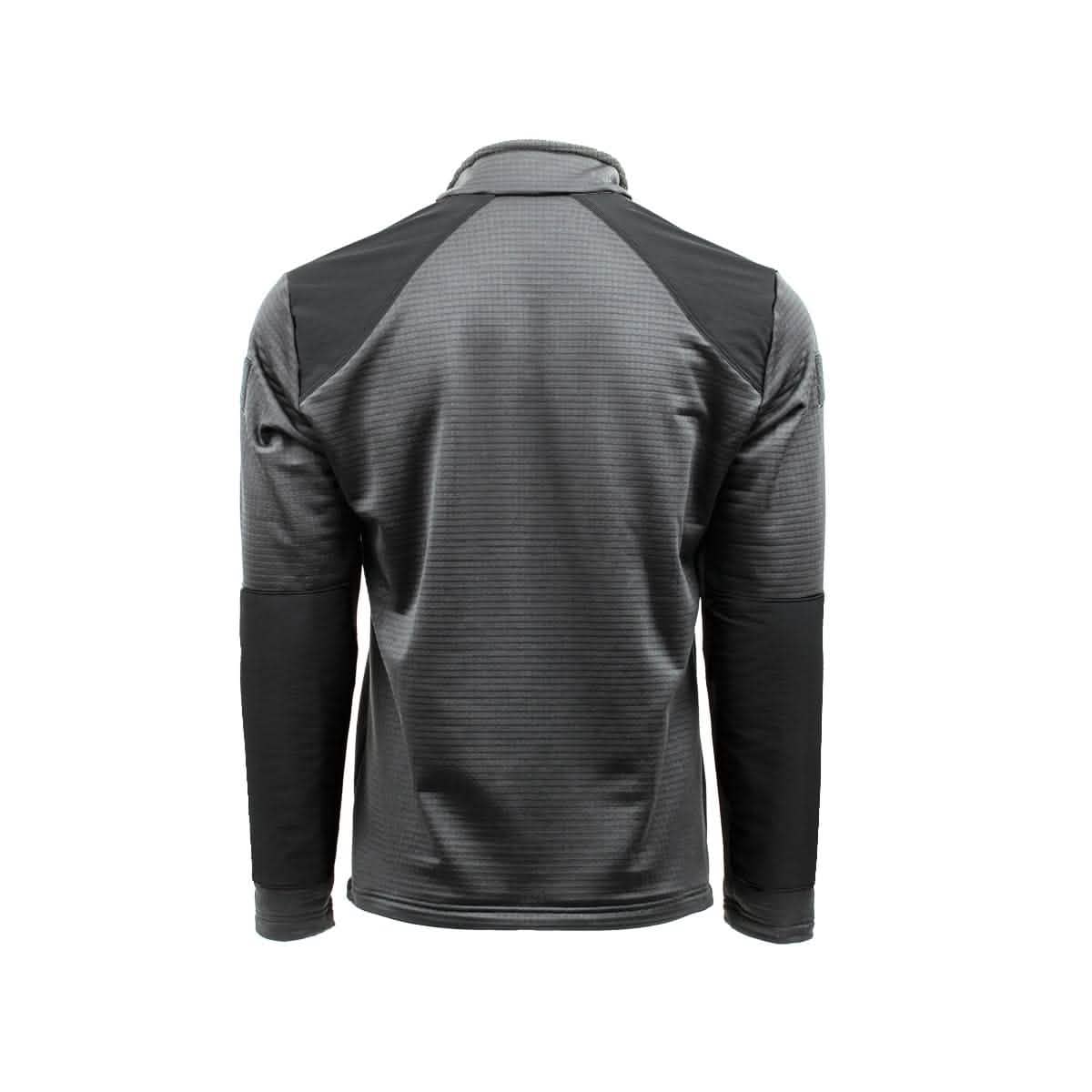 Rear view of the Men’s Half Zip - Polartec Grid Fleece by GORUCK, a long-sleeved athletic jacket featuring a textured design. This predominantly gray piece with black panels on the shoulders and forearms boasts a stand-up collar and a fitted silhouette, ideal for active pursuits.