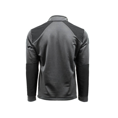 Rear view of the Men’s Half Zip - Polartec Grid Fleece by GORUCK, a long-sleeved athletic jacket featuring a textured design. This predominantly gray piece with black panels on the shoulders and forearms boasts a stand-up collar and a fitted silhouette, ideal for active pursuits.