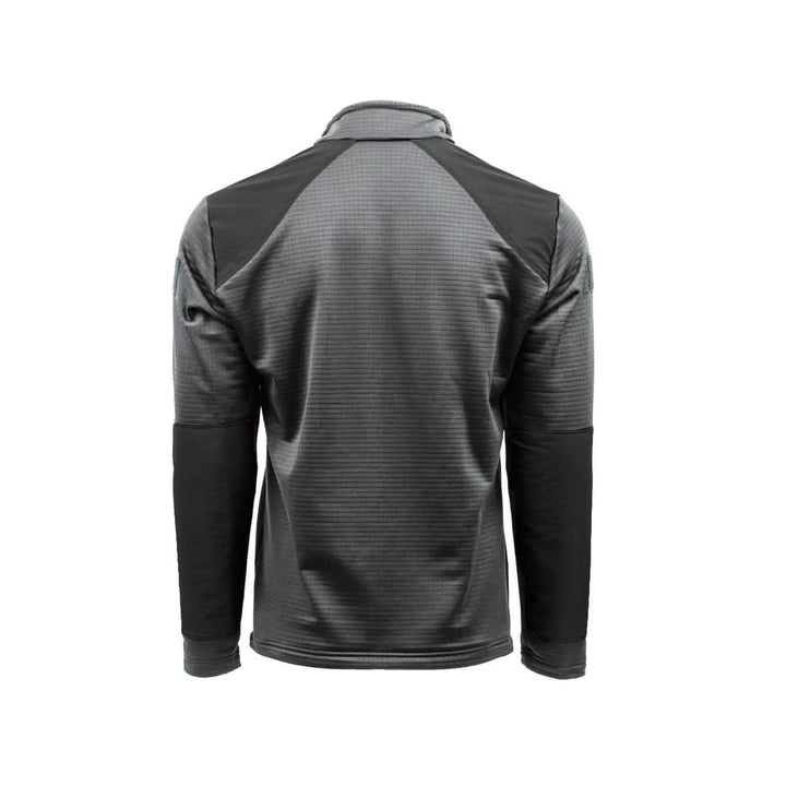 Rear view of the Men’s Half Zip - Polartec Grid Fleece by GORUCK, a long-sleeved athletic jacket featuring a textured design. This predominantly gray piece with black panels on the shoulders and forearms boasts a stand-up collar and a fitted silhouette, ideal for active pursuits.
