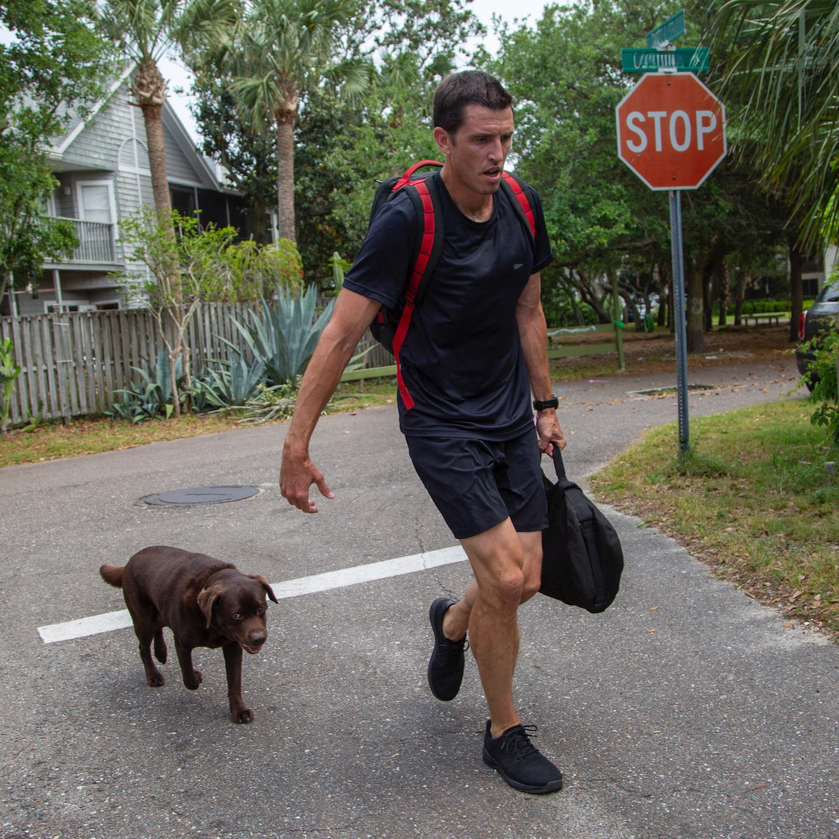 Wearing Men’s Training Shorts - ToughStretch with a built-in liner, a man carries a bag as he walks with a brown dog across a street near a stop sign and palm trees.