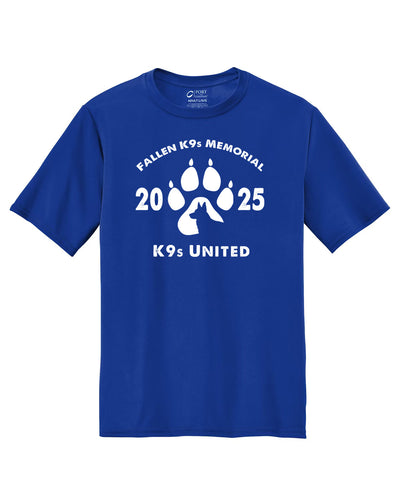Blue youth T-shirt for the National Police K9 Day: 2025 Fallen K9 Memorial Virtual Run/Ruck, with "Fallen K9s Memorial 2025 K9s United" and a paw print graphic—ideal for supporting law enforcement K9s or event participation.