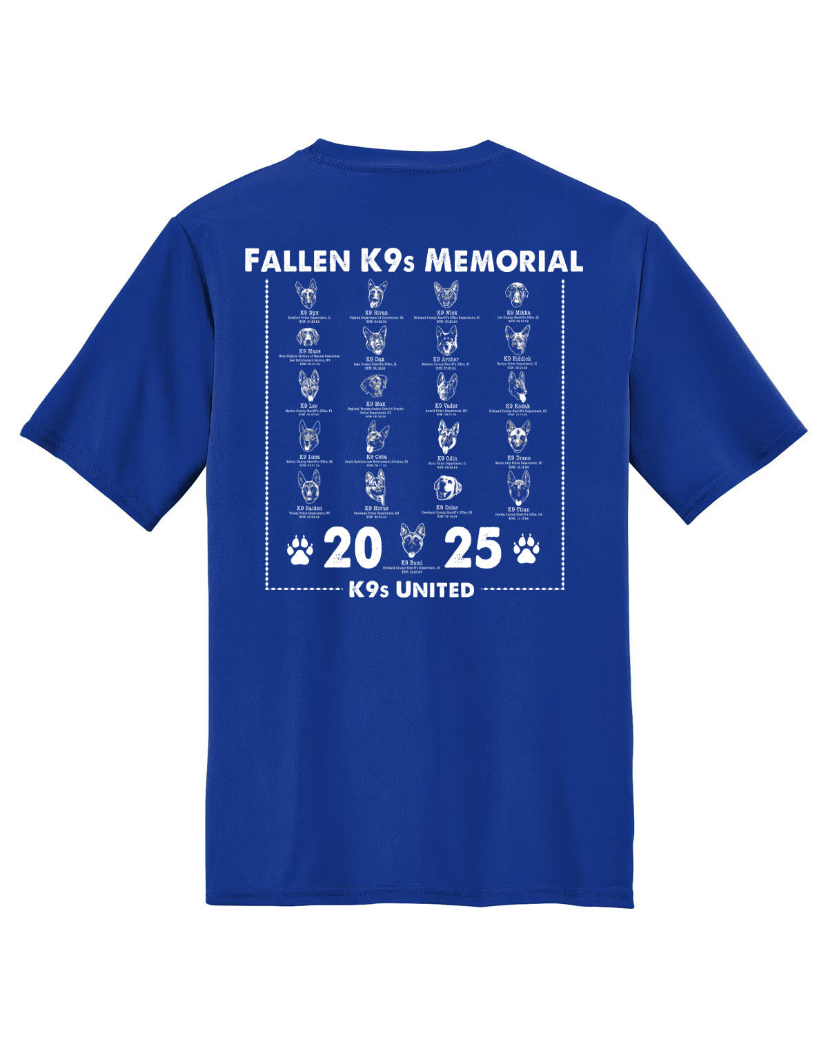 Blue "National Police K9 Day: 2025 Fallen K9 Memorial Virtual Run/Ruck" t-shirt with illustrated dog portraits on the back, honoring law enforcement K9s. Ideal for the Fallen K9 Memorial Ruck and Run or a virtual dog run. Youth sizes.